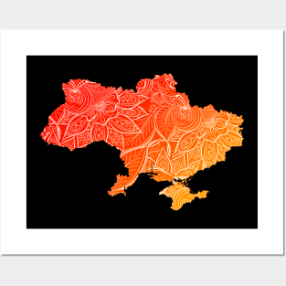 Colorful mandala art map of Ukraine with text in red and orange Posters and Art